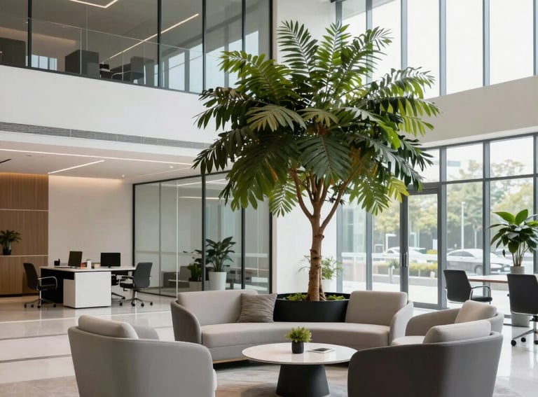 A modern North American office lobby with minimalist furniture and a large green plant, clean glass walls, bright and professional atmosphere, high-end photography.
