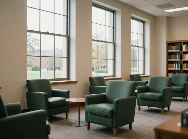 Interior photography of a North American / US library with large windows, Dark Green armchairs, and Cream walls, creating a serene and professional study space.