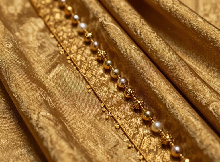 Extreme close-up photography of gold zari threads and beads on silk fabric, showing high-definition textures, South Asian / Indian craftsmanship.