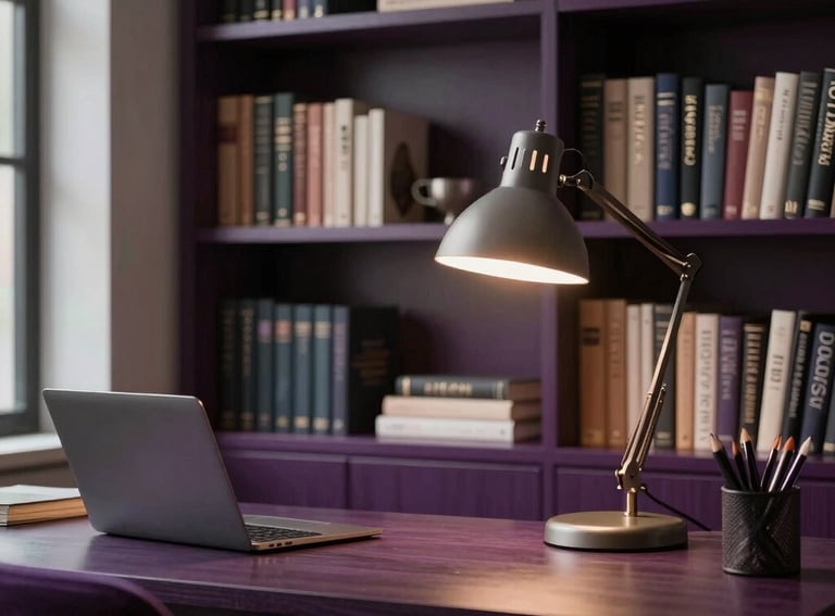 A sophisticated workspace in a North American setting. A tall bookshelf filled with books, a stylish desk lamp casting soft light, and deep purple accents in the decor.