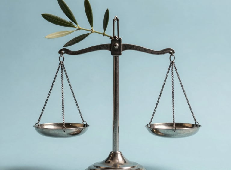 Symbolic photograph of an olive branch resting on a silver scale of justice. Clean, minimalist composition against a light blue background. Soft, professional lighting. Global / Spanish-speaking.