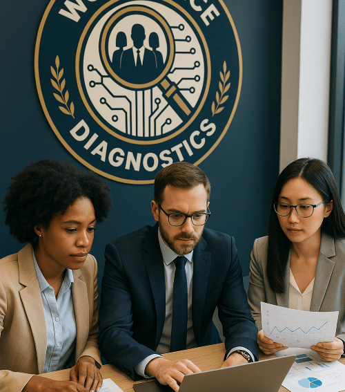 three adults in business attire looking over papers in an office
