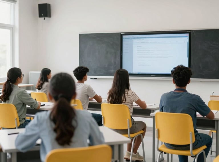 An interior photograph of a bright, modern South Asian classroom. The room features white walls, yellow accent chairs, and students focused on their smart-board screens. The lighting is clean and natural, emphasizing a productive and professional learning environment.