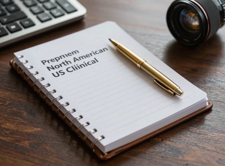 A close-up of a premium leather-bound clinical notebook on a dark wood table with a gold pen, North American / US clinical office.
