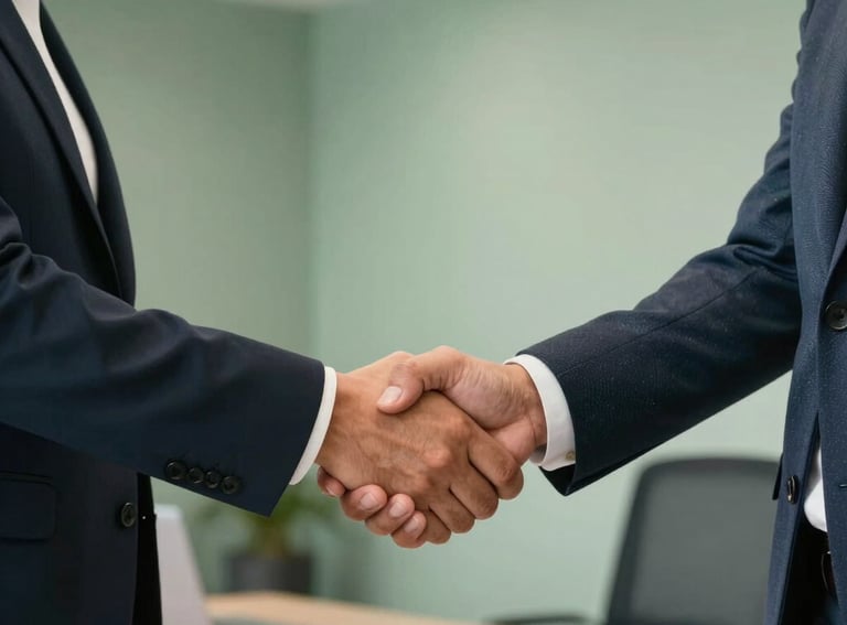 Detailed shot of two Latin American professionals shaking hands in a bright, modern office space with sage green walls and clean lines.