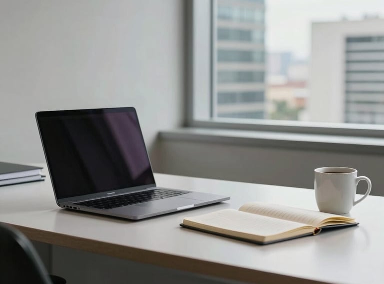 Clean, modern office desk with a laptop, a notebook, and a coffee mug, soft light through a window, organized and professional, in a high-rise Brazilian office building.