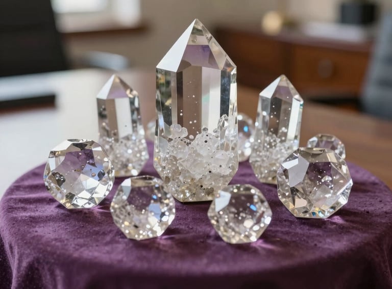 A close-up of a sophisticated crystal arrangement on a thistle-colored cloth, reflecting soft light in an elegant South American office.