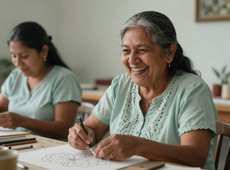 Candid photography of a senior woman laughing while doing a craft workshop, South American / Colombian setting, soft light, light sage and mist color palette.