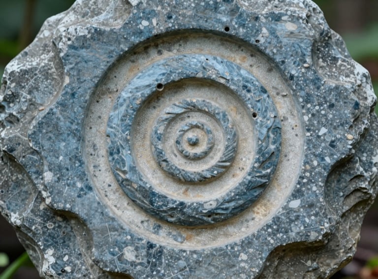 A close-up photograph of a spiral motif carved into stone, weathered texture, North American garden setting, soft natural light, slate blue and cream colors.