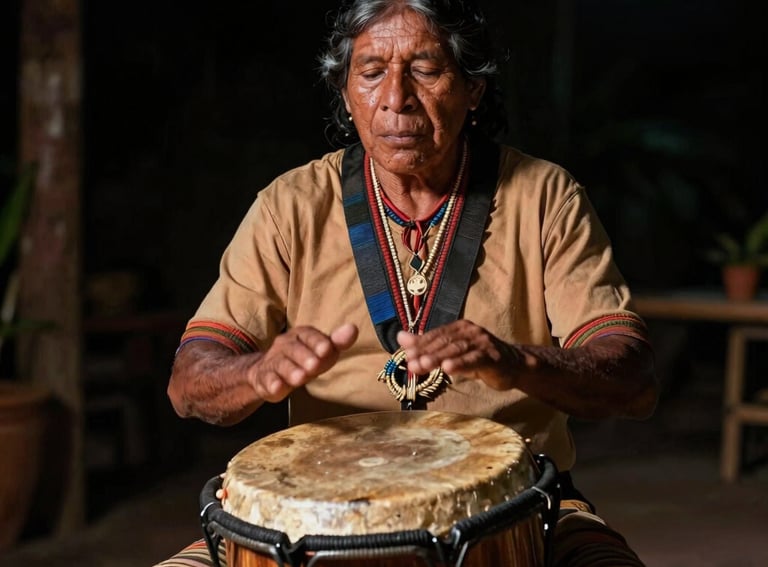 An artistic South American / Brazilian Amazonian photography portrait of a master percussionist playing a traditional curimbó drum. The image is presented in a beautiful vertical oval crop, showcasing dynamic movement.