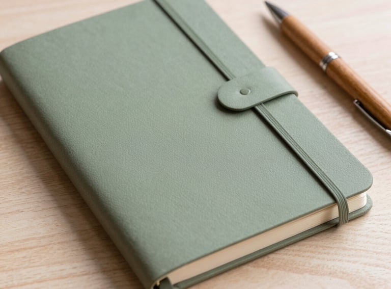 A detail of an elegant sage green notebook and a wooden pen on a light wood surface, soft pearl pink background, Southern European / Italian office.