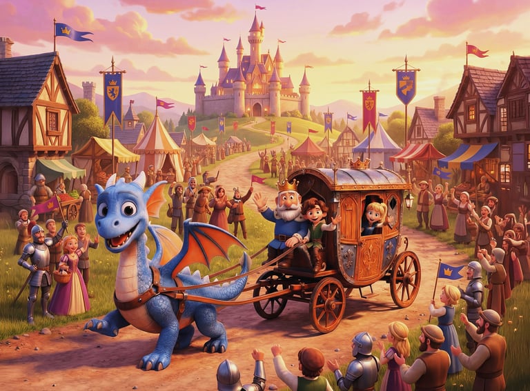 A cute blue dragon pulls a royal carriage through a medieval village towards a fairytale castle.
