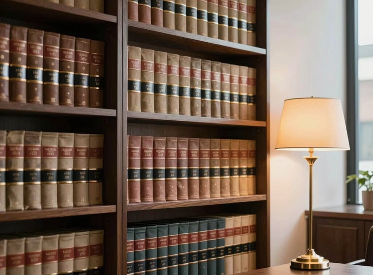 An interior shot of an upscale office library with bound legal volumes, a gold-accented lamp, and a modern South American aesthetic, suggesting tradition and knowledge.