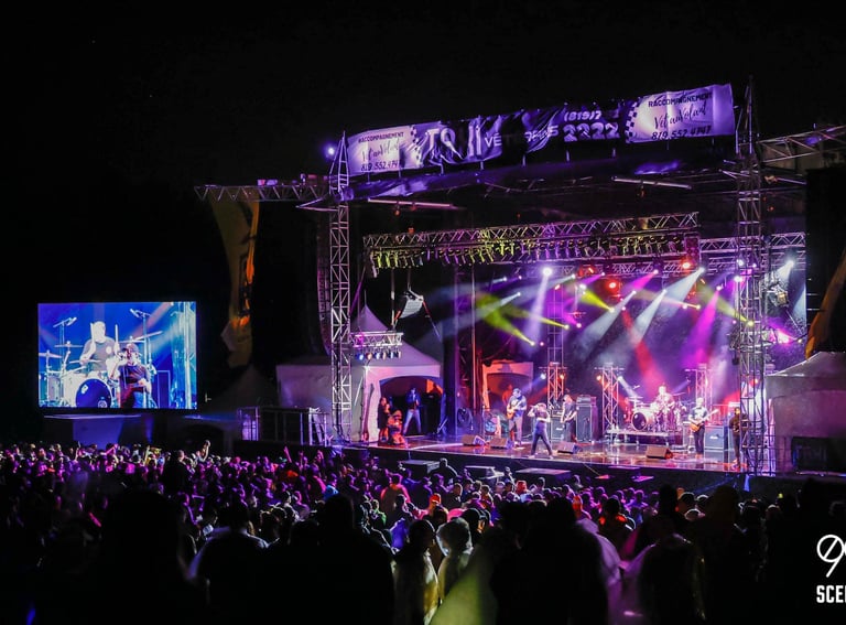 Rock band performing on an outdoor stage at night with colorful lights and a large crowd.