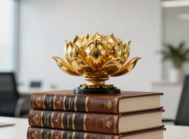 Photography of a modern office featuring a golden lotus sculpture, a stack of leather-bound books, and a clean white background, sophisticated and authoritative, Global / Western.