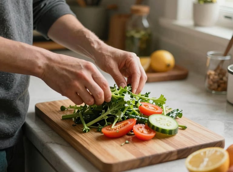 A person preparing a healthy, affordable meal with fresh vegetables in a modest, cozy kitchen, North American / US setting, warm and accessible mood, soft natural light.