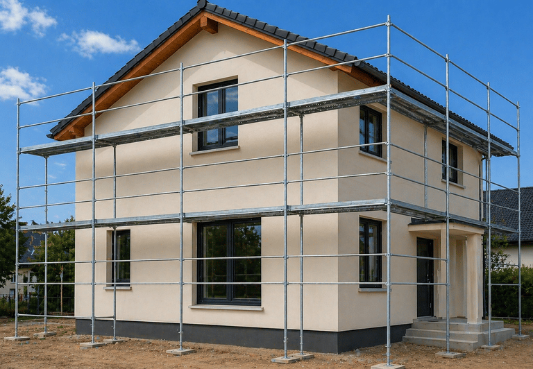 Maison avec échafaudage – préparation et enduit de façade