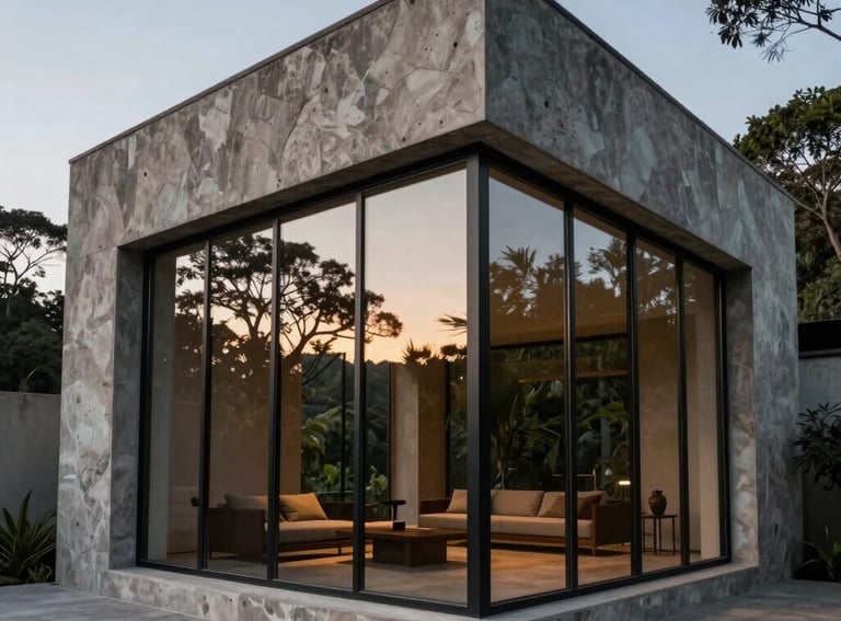 Modern Wabi-sabi architecture in South American / Colombian Oriente, featuring raw textures and floor-to-ceiling glass, reflecting the surrounding forest, twilight lighting.