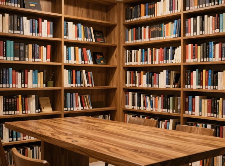 A photography of a modern South Asian library with bookshelves filled with psychology texts, featuring a large oak table and warm tan lighting.