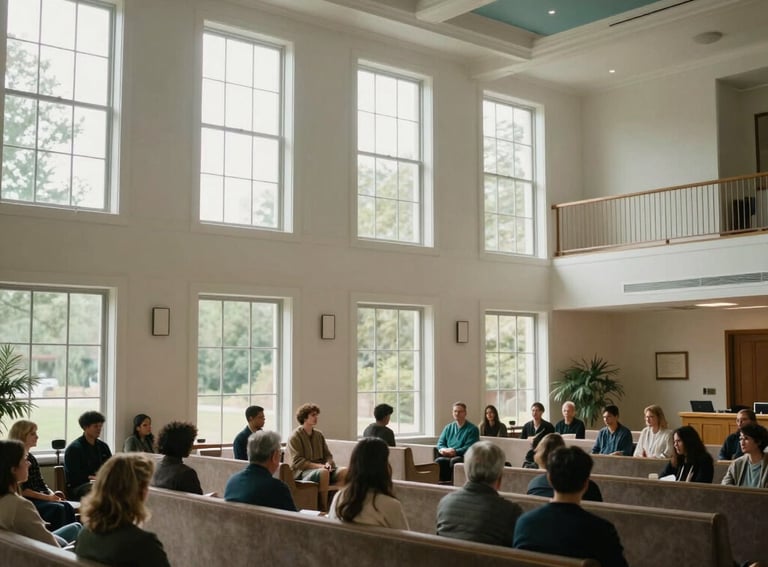An airy North American community hall with tall windows and comfortable seating, arranged for a spiritual gathering, off-white and teal decor.