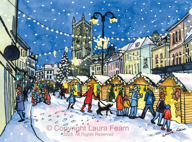 Cirencester Cristmas Market, painted by Laura Fearn.