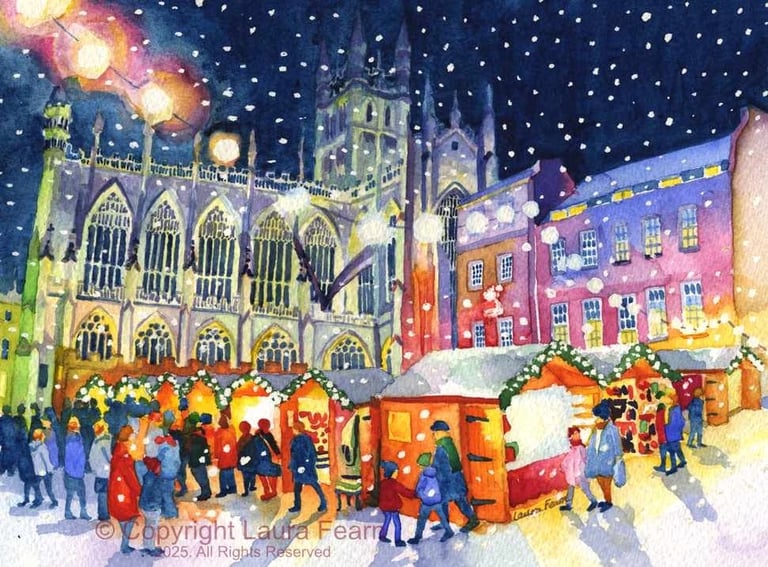 Bath Christmas market painted by Laura Fearn in watercolour.