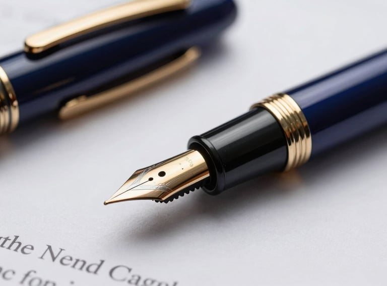 A macro photography shot of a high-quality fountain pen resting on a signed legal document. Professional lighting with gold and dark blue accents in the background.