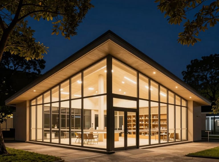 A high-contrast photograph of a modern community center at night, glowing with warm light, International / Global, surrounded by trees, Dark Blue and Sand tones.