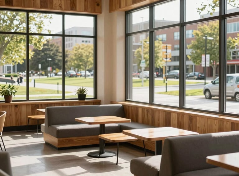 A sunlit common area in a modern community center, featuring comfortable seating, natural wood accents, and large windows looking out onto a park in a North American city.