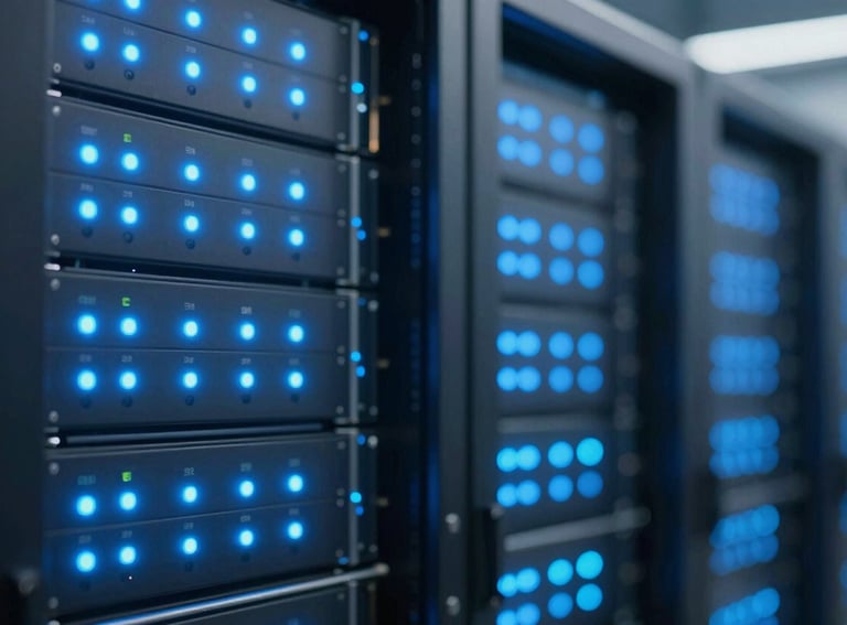A blurred, high-tech background of a data center with blue status LEDs in #5BC0EB, conveying speed, connectivity, and digital efficiency.