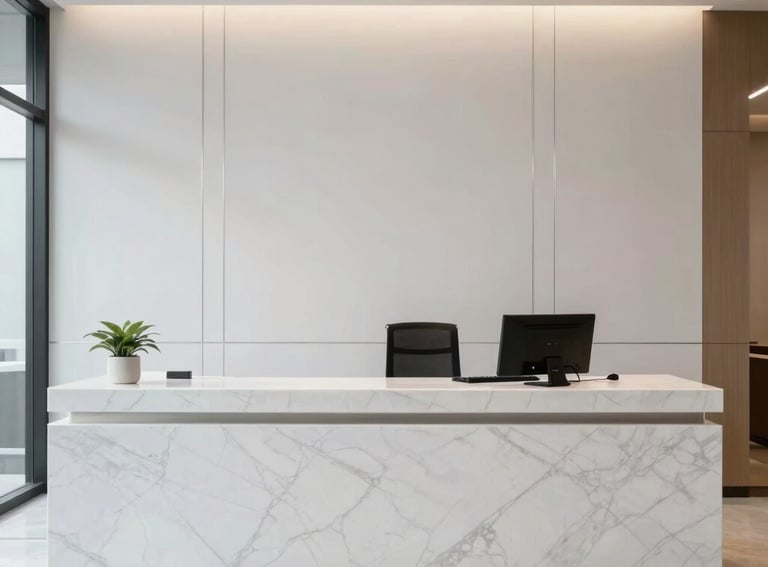 An elegant, clean office reception area in Indonesia with minimalist design, featuring a white marble desk and a wall with subtle silver accents. The atmosphere is professional, quiet, and premium, reflecting a high-end consulting firm.