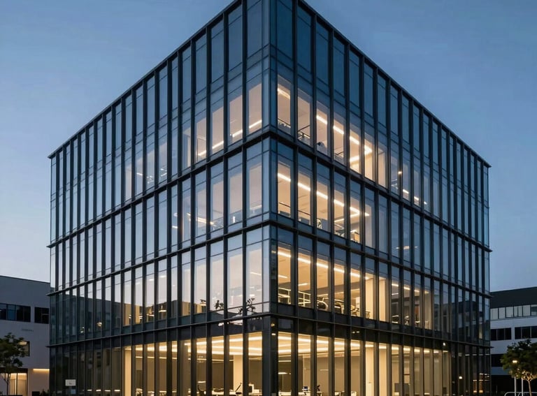 Exterior of a sleek, modern glass biotech research building at dusk, architectural lighting, international style, deep slate blue and steel blue palette.