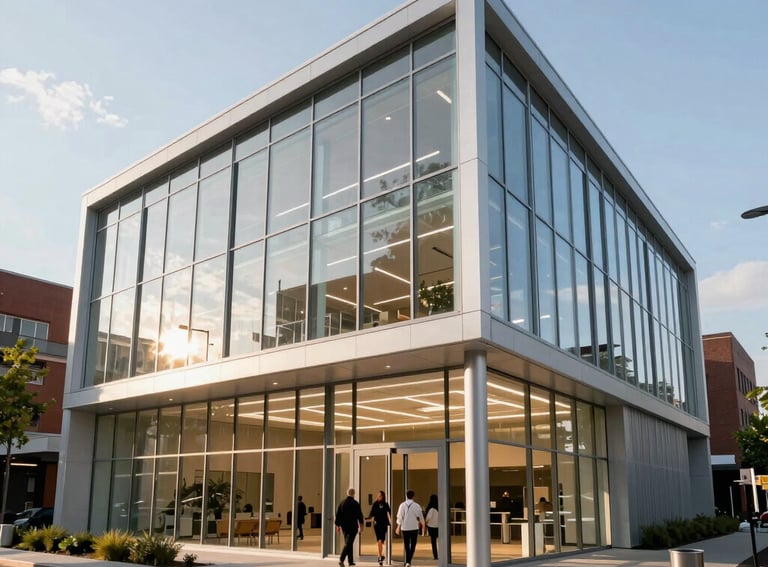 A low-angle architectural photograph of a modern community innovation center in a North American city. The building features sustainable glass and steel design, with people entering the bright lobby. The lighting is crisp afternoon sun, emphasizing a forward-thinking and trustworthy institution.