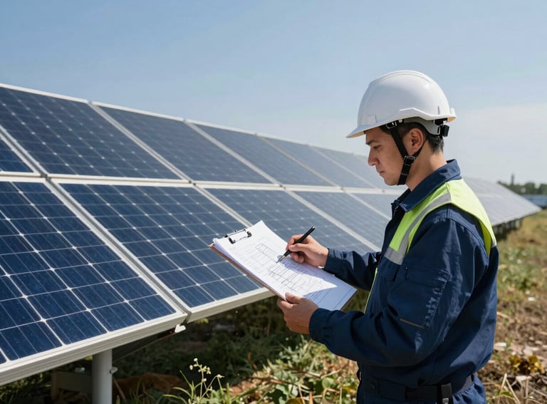 Crisp wide-angle shot of a commercial solar engineer in full PPE reviewing technical blueprints on a clipboard, large-scale solar arrays visible in the background under clear UK daylight.