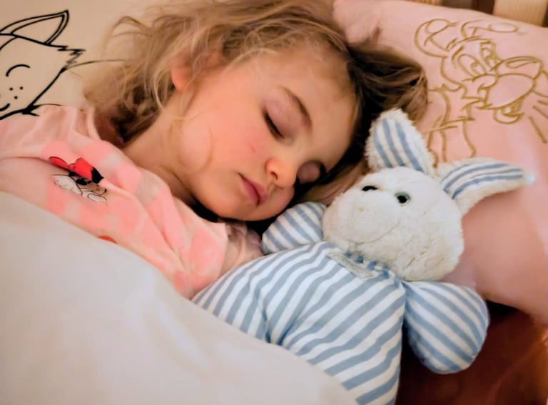 Une petie fille ui dors avec son doudou réparer par mimidoudou and co rouen