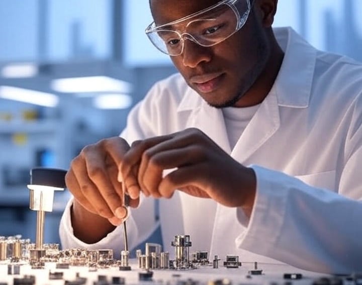 a man in a lab coat and goggles is holding a screwr
