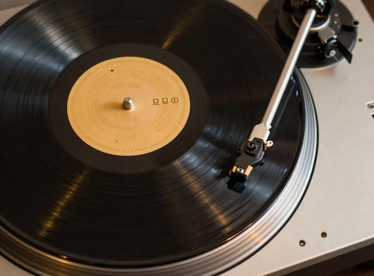 A stylish overhead shot of a vinyl record spinning on a high-end turntable with gold metallic details and dark base.