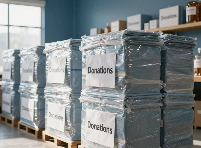Clean, high-quality photo of a donation center, neatly stacked supplies in a bright North American warehouse, optimistic morning light, slate blue accents.