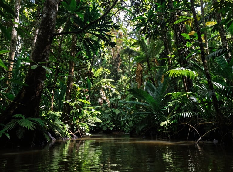 A high-quality photo of a lush Indonesian peat swamp forest with sunlight filtering through the canopy, highlighting the deep green and water elements.