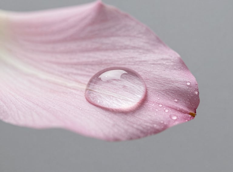 A macro photograph of a drop of water on a light pink petal, symbolizing clarity and precision, with a soft grey background.