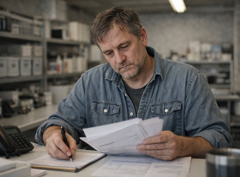 a man sitting at a desk with a calculator