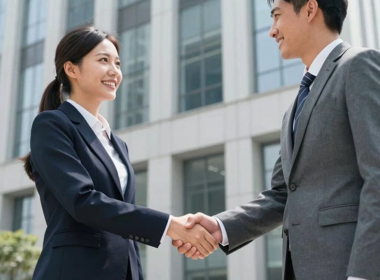 Two professionals in business attire shaking hands in front of a modern foundation building, bright and hopeful atmosphere, North American / International setting, professional and trustworthy mood.