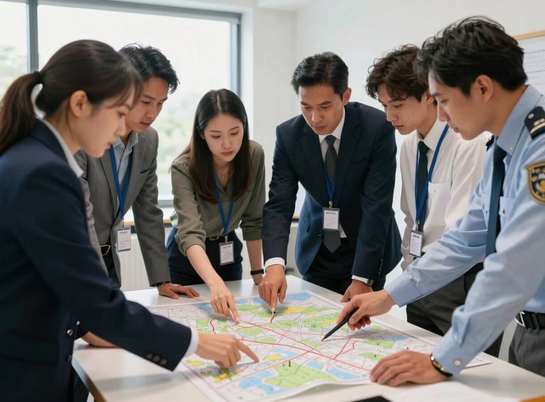A collaborative workshop of diverse public safety professionals in business attire analyzing a map on a table, natural lighting, medium-wide shot.