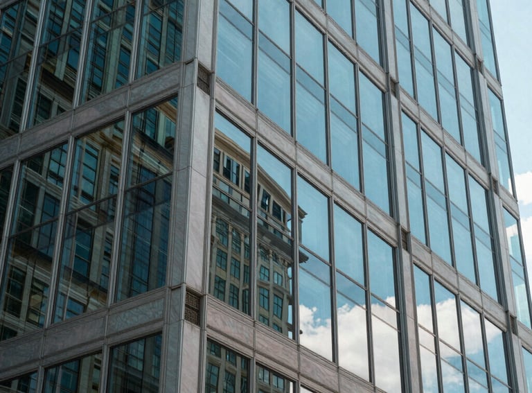 A close-up of a modern glass and steel building reflecting a clear blue sky in the US, symbolizing transparency, authority, and professional excellence.