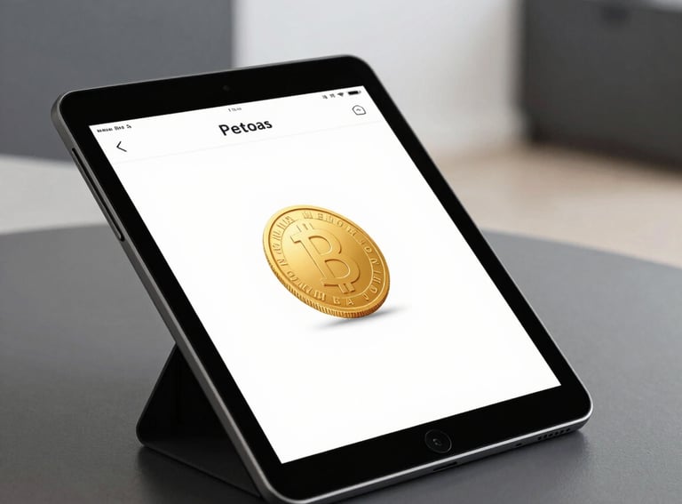 A close-up photograph of a modern, sleek tablet displaying a coin identification application with a gold coin icon. The background is a bright, minimalist North American interior with soft grey and charcoal accents.