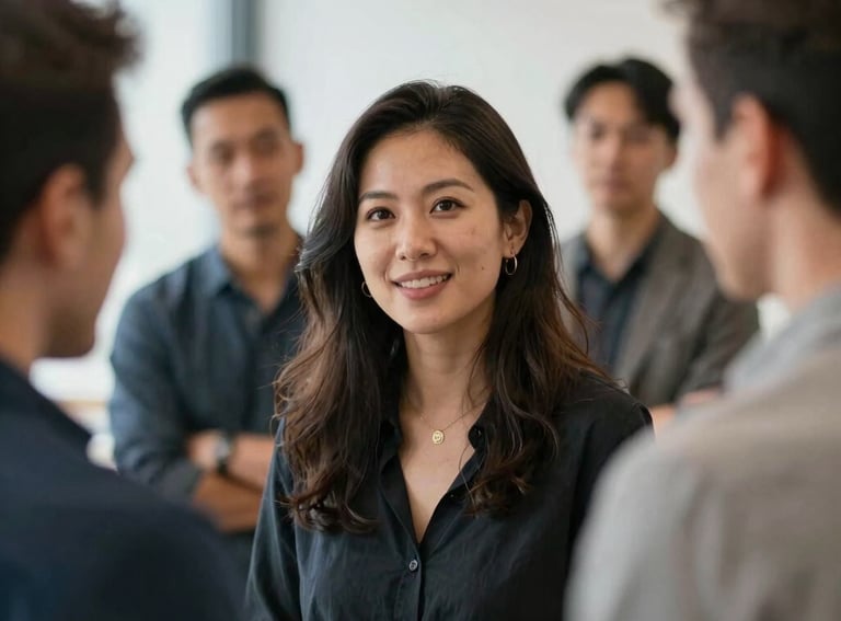 A close-up of a diverse group of entrepreneurs in a Canadian setting, focusing on their faces as they interact during a networking session in a bright workspace.