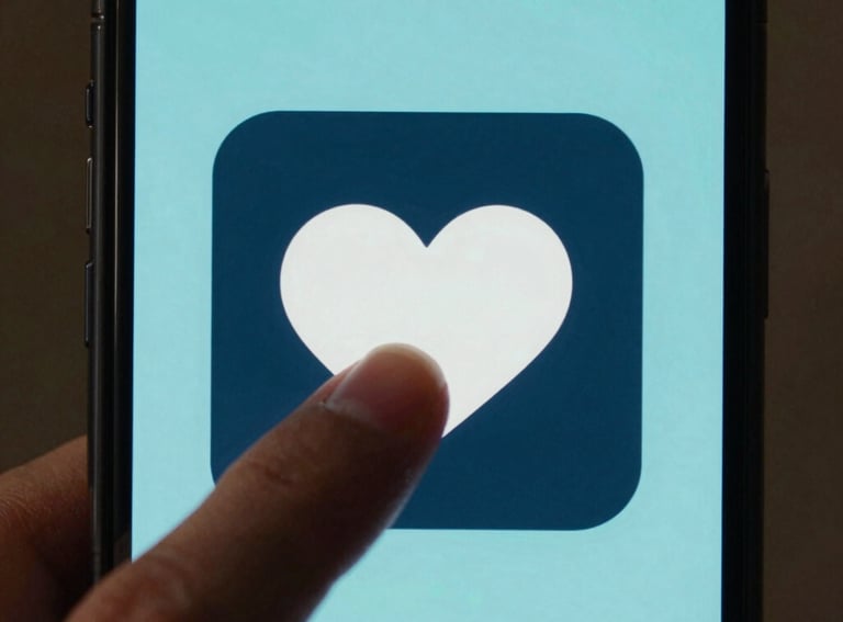 A close-up, sharp photograph of a finger tapping a brightly lit phone screen showing a simple heart icon, soft navy and light aqua color palette, North American / US.