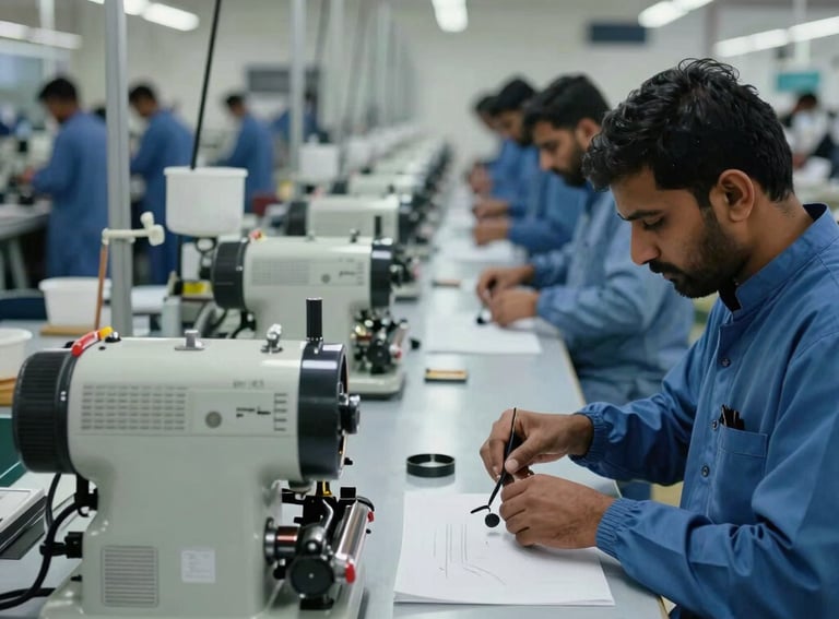An interior shot of the Pakistani factory's finishing room. Rows of high-end polishing machines sit on a clean grey floor, with workers in professional blue uniforms carefully inspecting the final products. The lighting is clean and sophisticated.