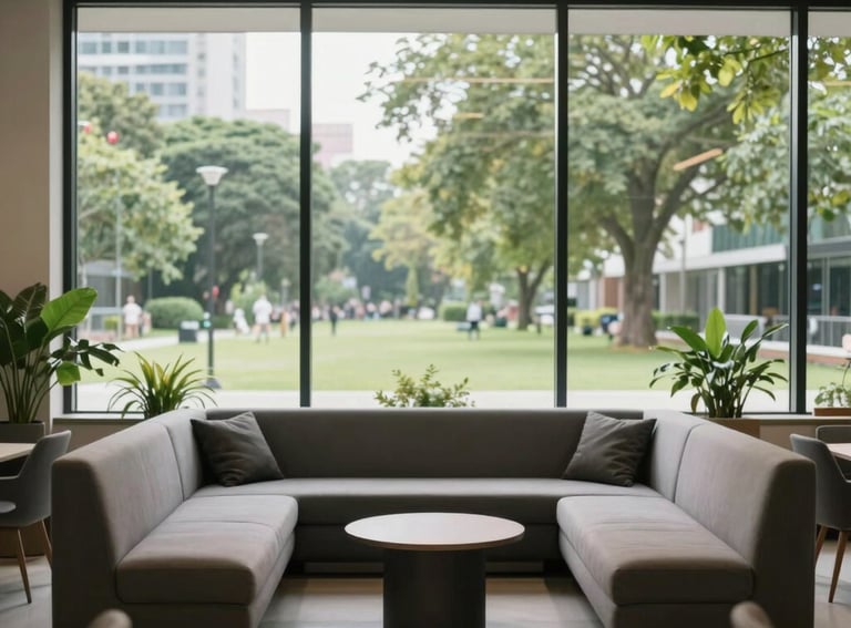 A minimalist and clean photography of an Indian business lounge with comfortable seating and large windows overlooking a green urban park.