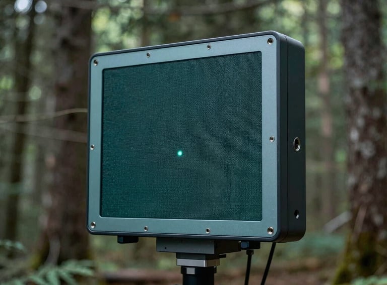 A sleek, modern sensor array deployed in a forest for climate monitoring, North American / Global. The photo is clean and detailed, showing advanced tech in nature. Palette includes teal and grey.